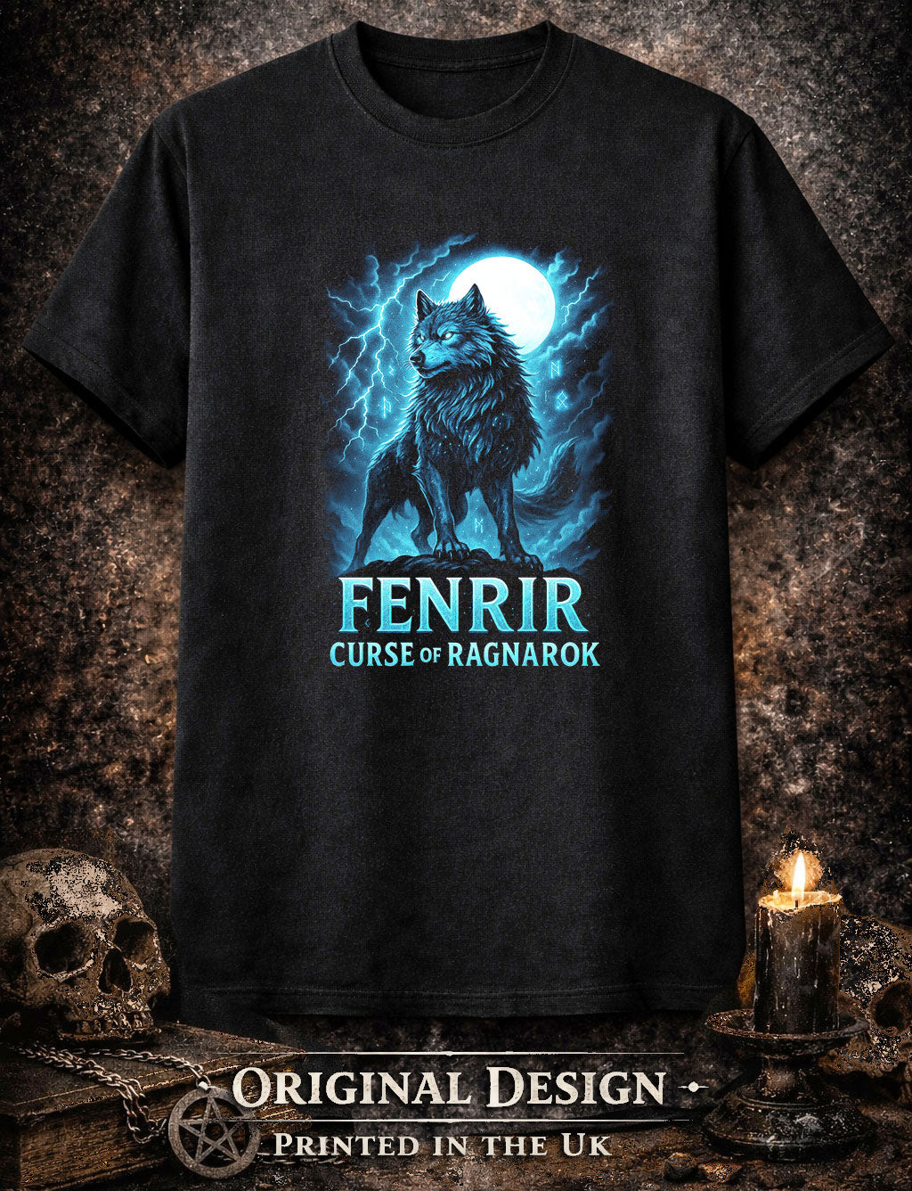 Fenrir Norse Wolf T Shirt Ragnarok Mythology Viking Moon Dark Fantasy Tee