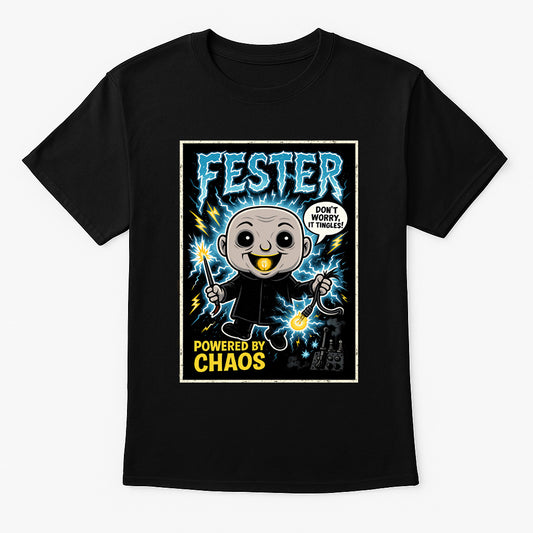 Uncle Fester “Powered by Chaos” Graphic T-Shirt – The Addams Family Comic Style Tee