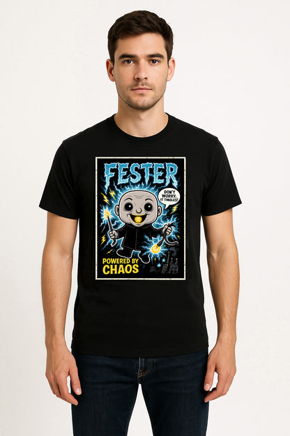 Uncle Fester “Powered by Chaos” Graphic T-Shirt – The Addams Family Comic Style Tee