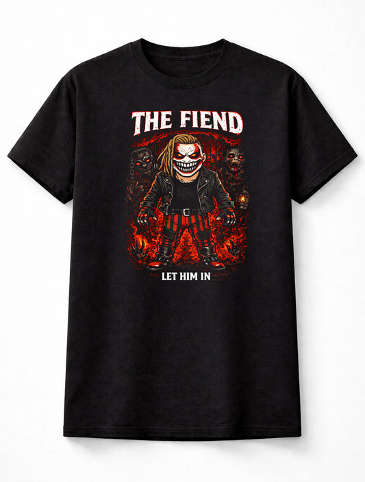 The Fiend Let Him In Wrestling T-Shirt Cartoon Horror Wrestler Fire Skull Graphic Dark Creepy Fan Tee Adults & Kids Unisex T-Shirt