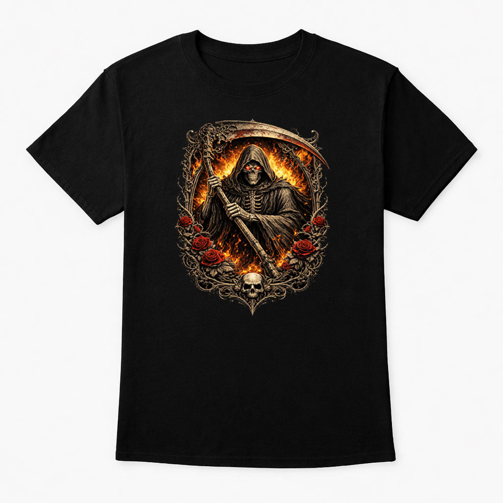 Grim Reaper Fire Scythe Skull Graphic Tee Unisex Gothic Dark Fantasy T-Shirt