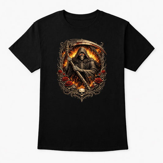 Grim Reaper Fire Scythe Skull Graphic Tee Unisex Gothic Dark Fantasy T-Shirt