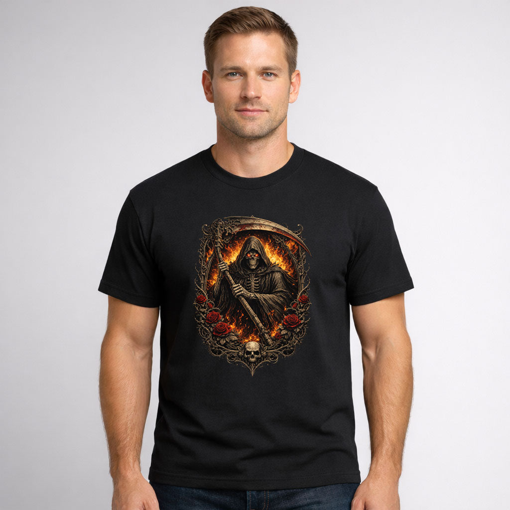 Grim Reaper Fire Scythe Skull Graphic Tee Unisex Gothic Dark Fantasy T-Shirt