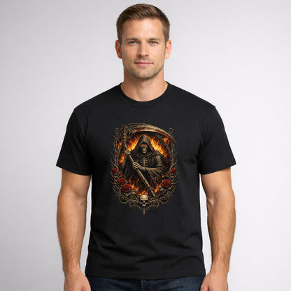 Grim Reaper Fire Scythe Skull Graphic Tee Unisex Gothic Dark Fantasy T-Shirt