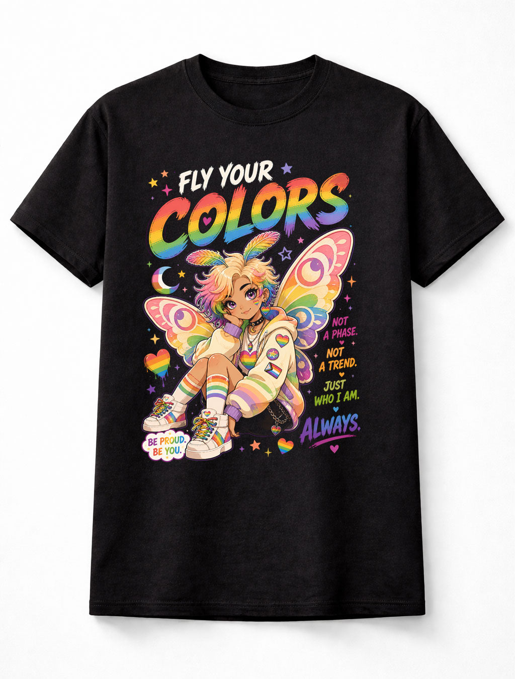 LGBTQ PRIDE Fly Your Colors Rainbow Fairy Graphic Pride Unisex T-Shirt