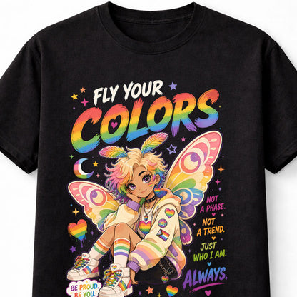 LGBTQ PRIDE Fly Your Colors Rainbow Fairy Graphic Pride Unisex T-Shirt