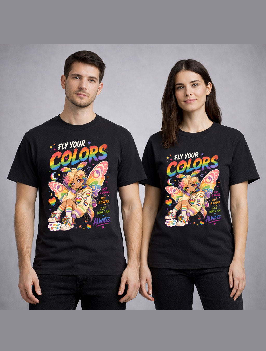 LGBTQ PRIDE Fly Your Colors Rainbow Fairy Graphic Pride Unisex T-Shirt