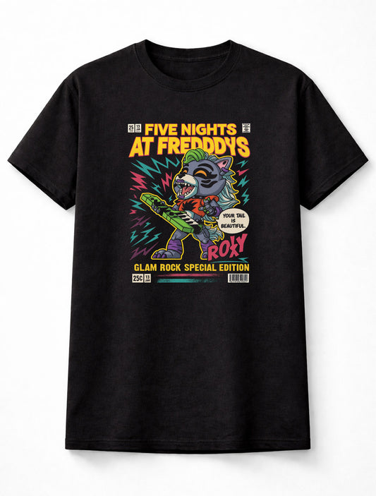 Five Nights at Freddy’s Roxy Glam Rock T-Shirt Retro Arcade Unisex Black Graphic Tee