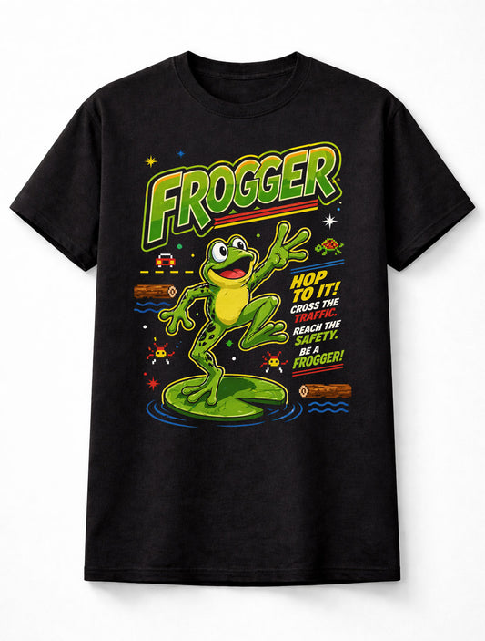 Frogger T-Shirt Retro Arcade Game Graphic Tee Classic Konami Video Game Frog Character Shirt Pixel Art Gaming Vintage 80s Arcade Adults & Kids Unisex T-Shirt