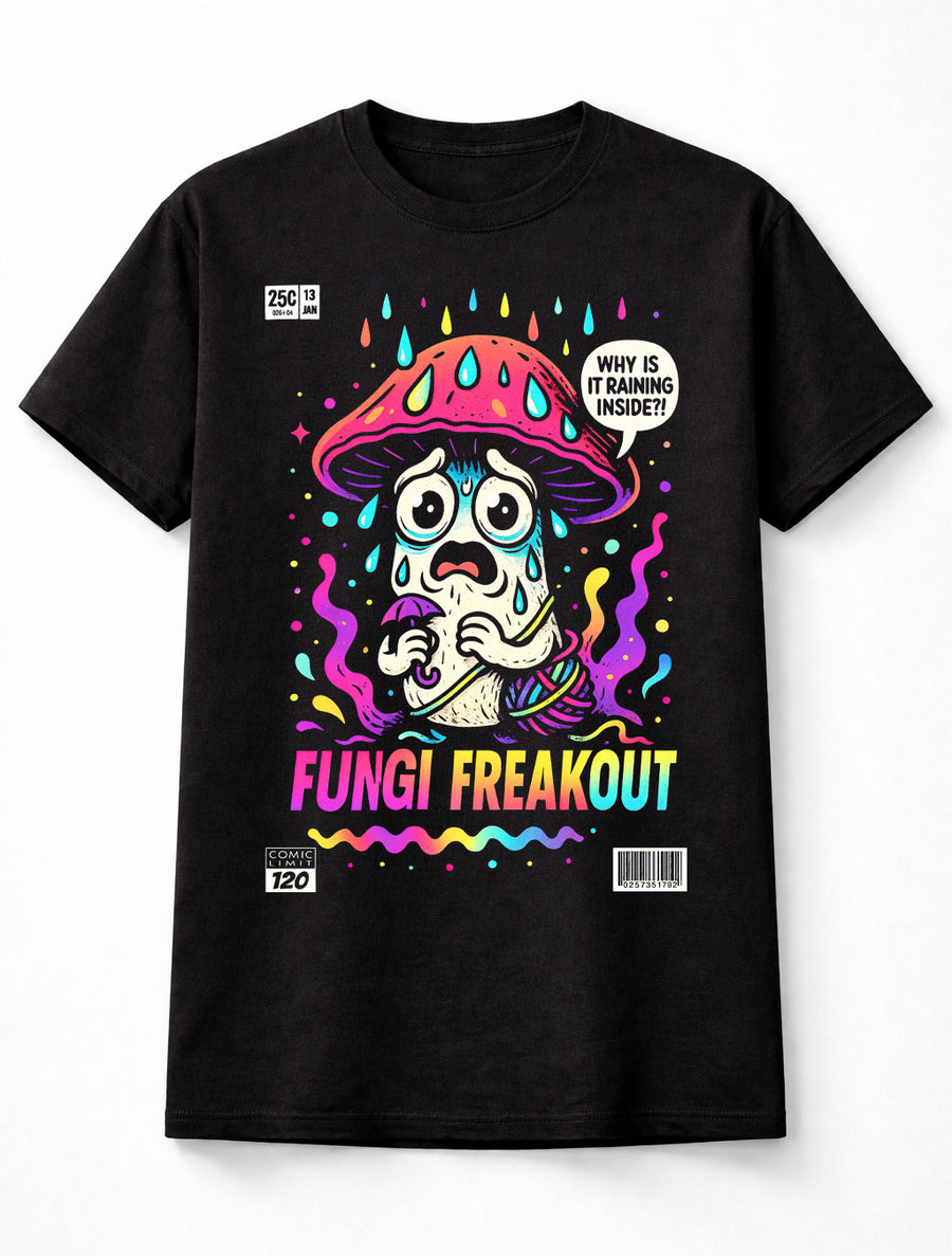 Fungi Freakout Funny Mushroom Psychedelic Cartoon Graphic Unisex T-Shirt