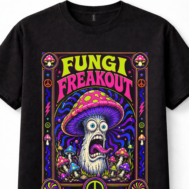 Fungi Freakout Psychedelic Mushroom Trippy Neon Hippie Black Unisex T-Shirt