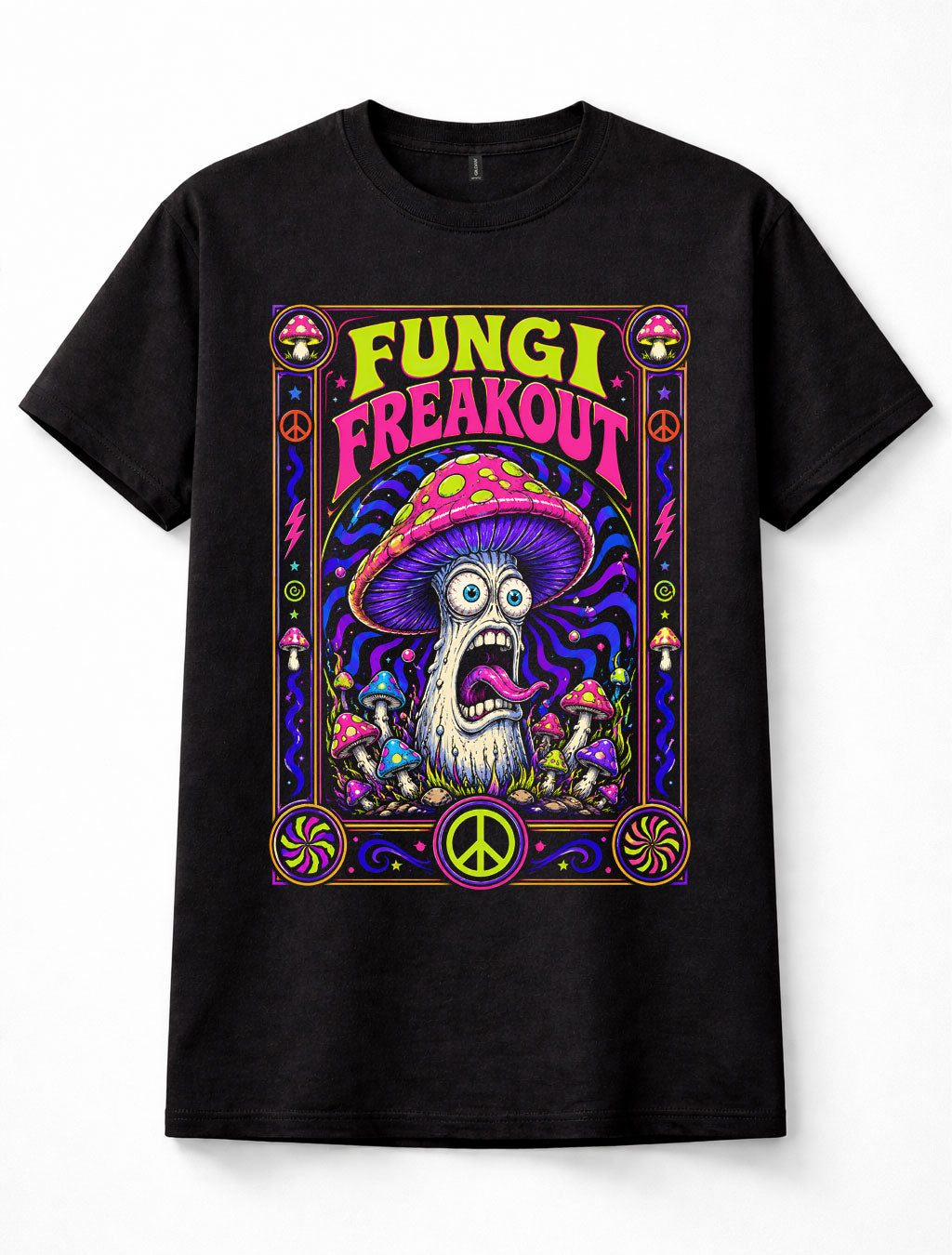 Fungi Freakout Psychedelic Mushroom Trippy Neon Hippie Black Unisex T-Shirt