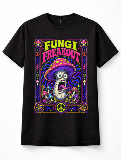 Fungi Freakout Psychedelic Mushroom Trippy Neon Hippie Black Unisex T-Shirt