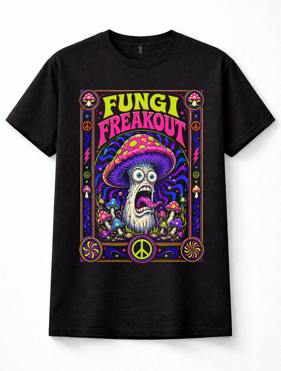 Fungi Freakout Psychedelic Mushroom Trippy Neon Hippie Black Unisex T-Shirt