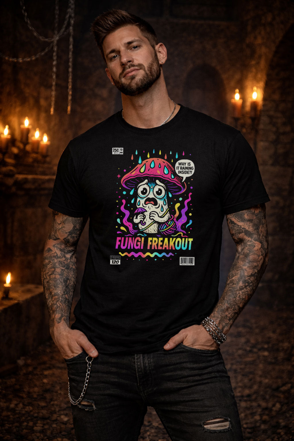 Fungi Freakout Mushroom Character T Shirt Funny Psychedelic Cartoon Graphic Tee