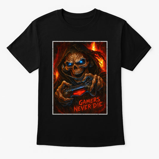 Gamers Never Die Skeleton Unisex T-Shirt Reaper Gaming Tee