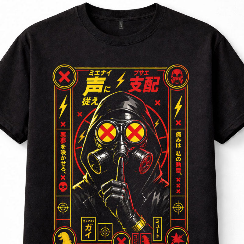 Gas Mask Hooded Figure Japanese Cyberpunk Dystopian Unisex T-Shirt