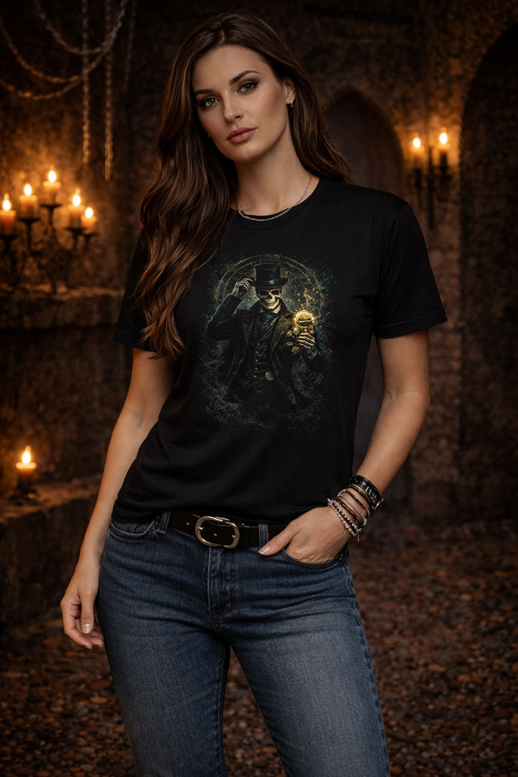 Skeleton T-Shirt Dark Fantasy Gothic Gentleman Rose Unisex Black Graphic Tee