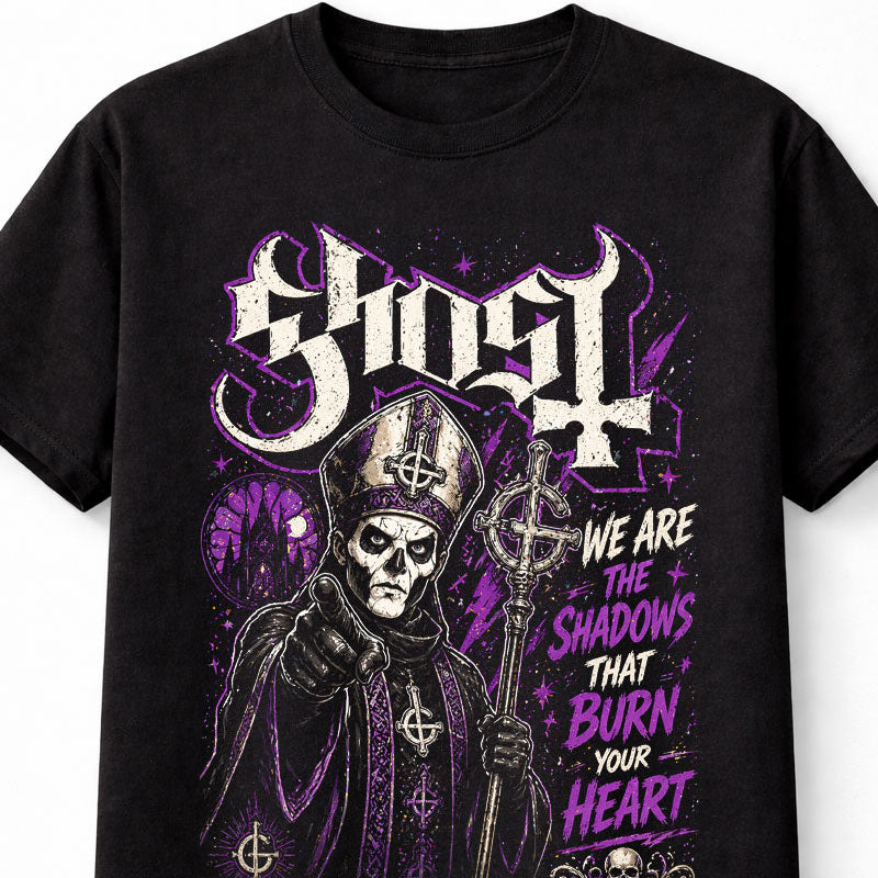 Ghost Band Graphic T-Shirt Dark Gothic Rock Tee We Are the Shadows That Burn Your Heart Shirt Occult Metal Style Purple Aesthetic Adults & Kids Unisex T-Shirt