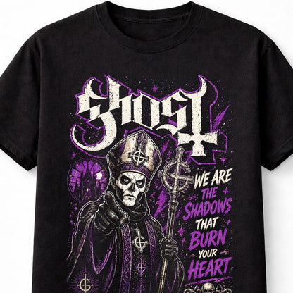 Ghost Band Graphic T-Shirt Dark Gothic Rock Tee We Are the Shadows That Burn Your Heart Shirt Occult Metal Style Purple Aesthetic Adults & Kids Unisex T-Shirt