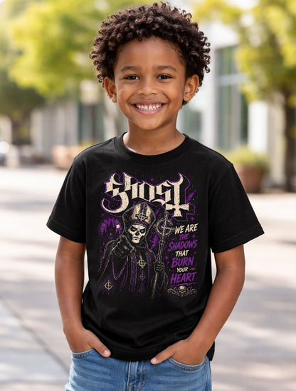 Ghost Band Graphic T-Shirt Dark Gothic Rock Tee We Are the Shadows That Burn Your Heart Shirt Occult Metal Style Purple Aesthetic Adults & Kids Unisex T-Shirt