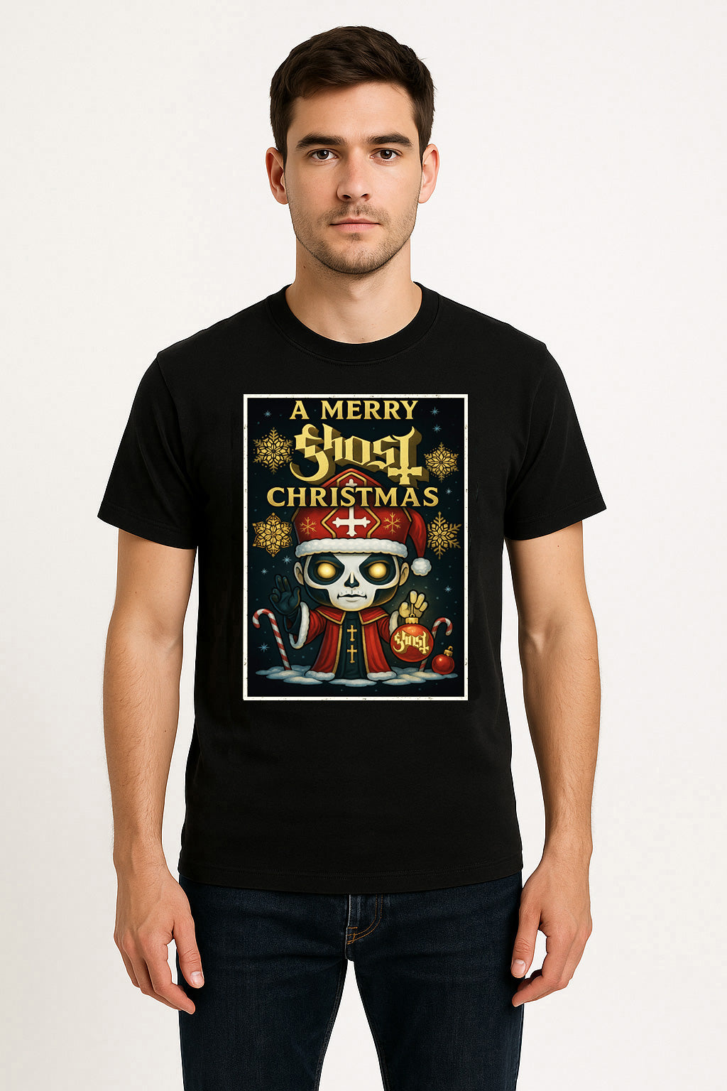 Ghost Papa Emeritus Merry Christmas Cartoon X-Mas Unisex T-Shirt Adults & Kids