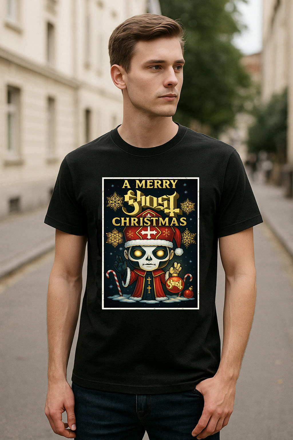 Ghost Papa Emeritus Merry Christmas Cartoon X-Mas Unisex T-Shirt Adults & Kids