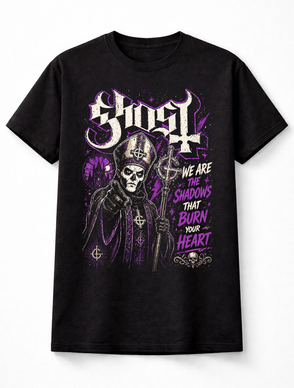Ghost Band Graphic T-Shirt Dark Gothic Rock Tee We Are the Shadows That Burn Your Heart Shirt Occult Metal Style Purple Aesthetic Adults & Kids Unisex T-Shirt