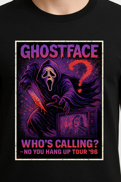 Ghostface “Who’s Calling?” Graphic Tee – Vintage Horror Slasher T-Shirt for Scream Fans