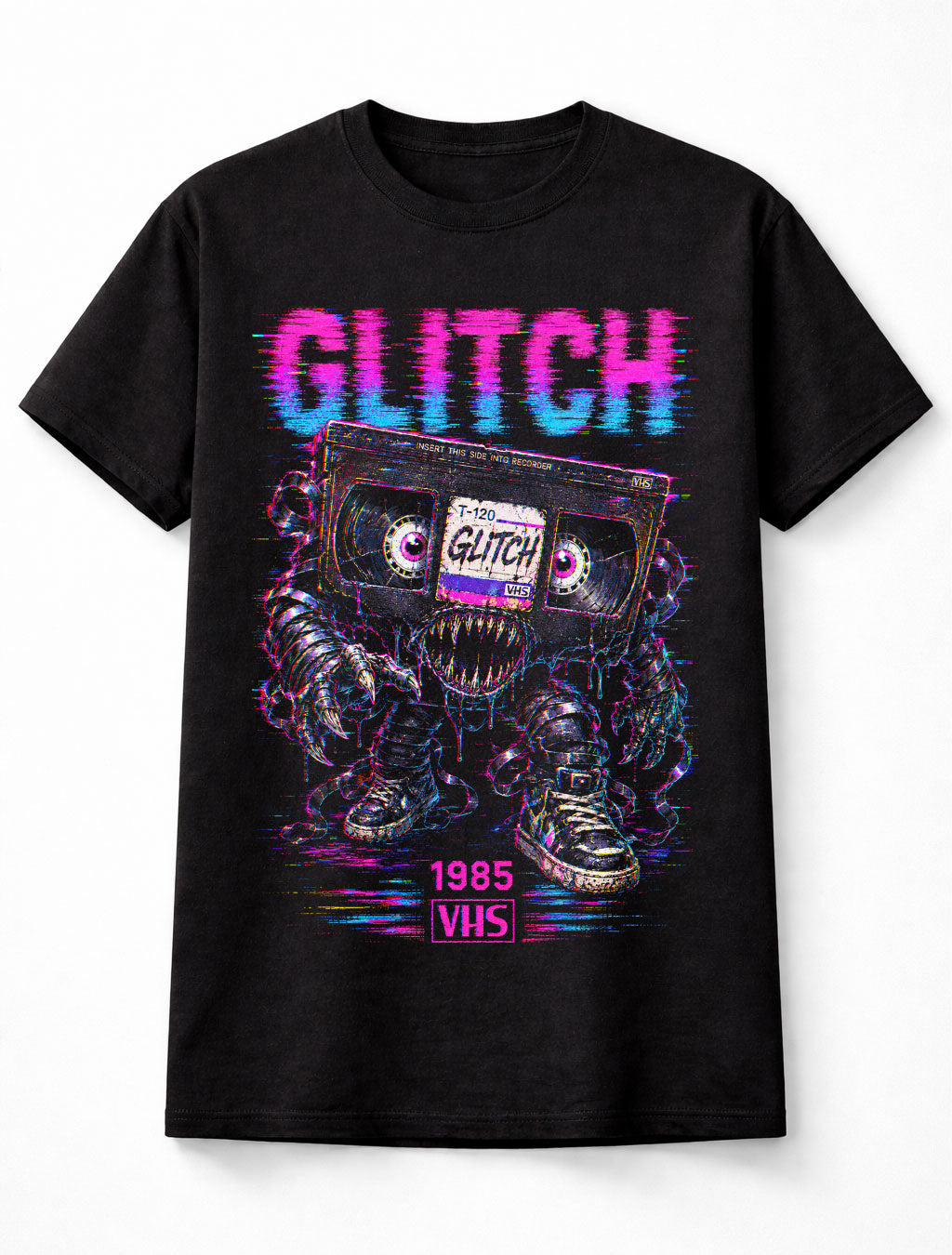 Glitch VHS Tape Monster Retro Horror Video Cassette 1985 Unisex T-Shirt