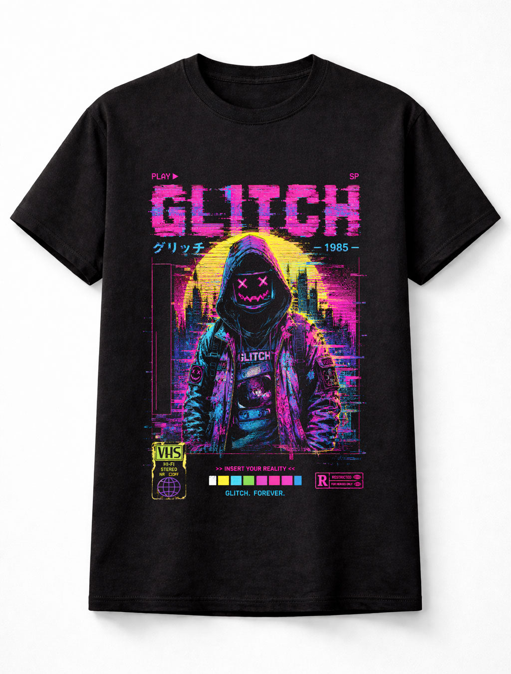 Glitch VHS Horror Mask Cyberpunk Synthwave Retro 1985 Unisex T-Shirt