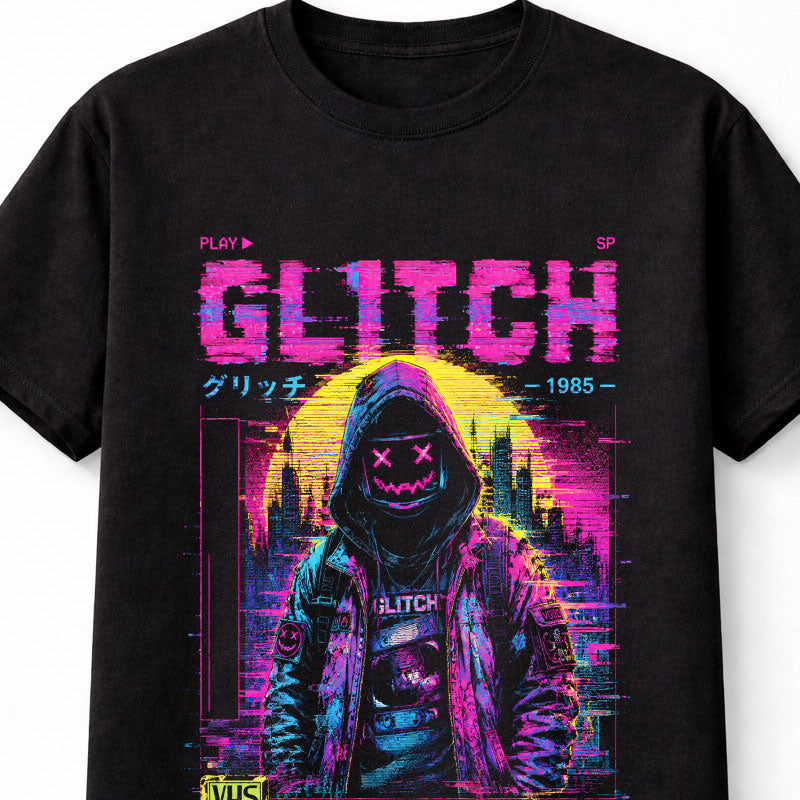 Glitch VHS Horror Mask Cyberpunk Synthwave Retro 1985 Unisex T-Shirt