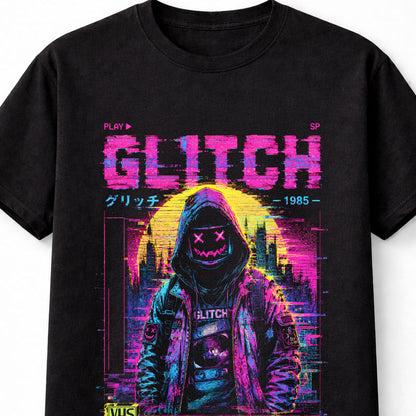 Glitch VHS Horror Mask Cyberpunk Synthwave Retro 1985 Unisex T-Shirt