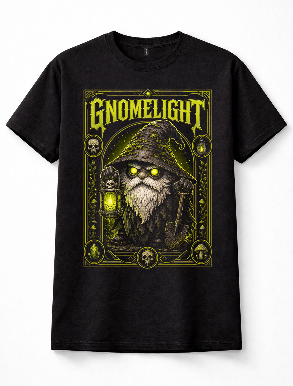 Gnomelight Fantasy Gnome Lantern Shovel Skull Mushroom Gothic Art Unisex T-Shirt