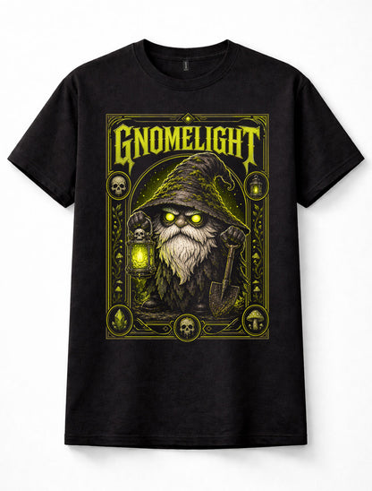 Gnomelight Fantasy Gnome Lantern Shovel Skull Mushroom Gothic Art Unisex T-Shirt