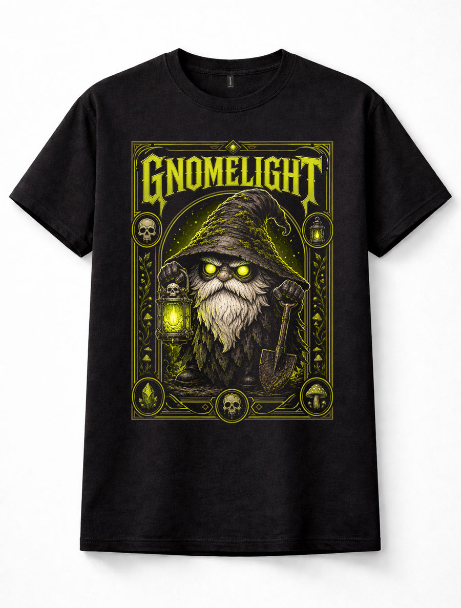 Gnomelight Fantasy Gnome Lantern Shovel Skull Mushroom Gothic Art Unisex T-Shirt