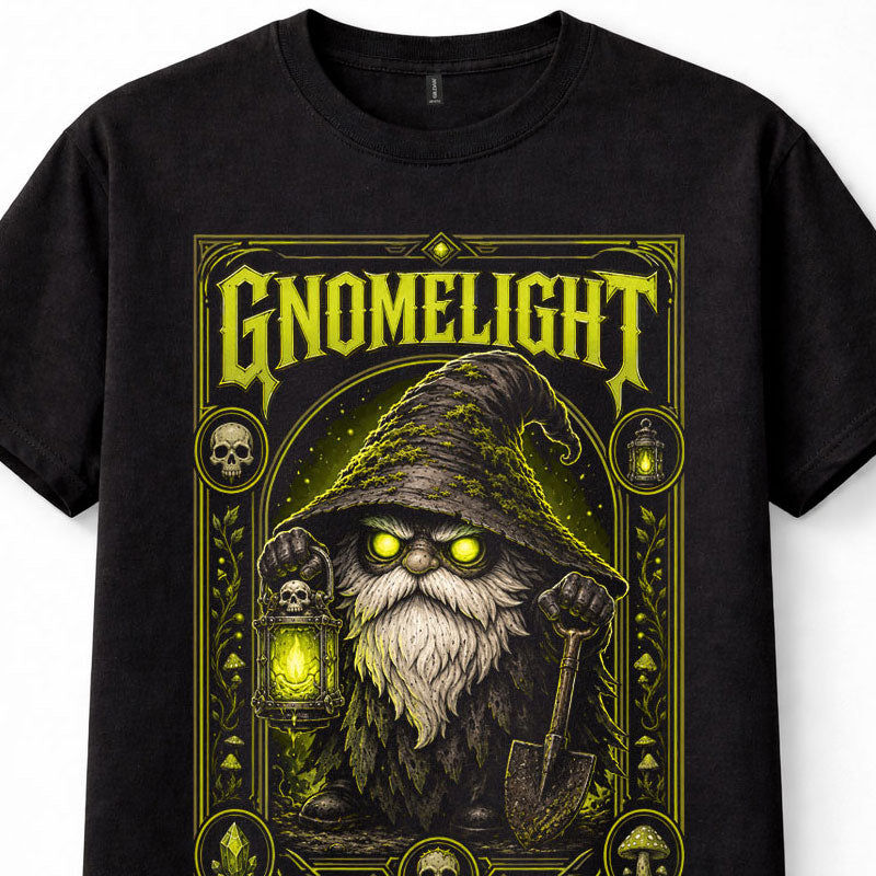 Gnomelight Fantasy Gnome Lantern Shovel Skull Mushroom Gothic Art Unisex T-Shirt