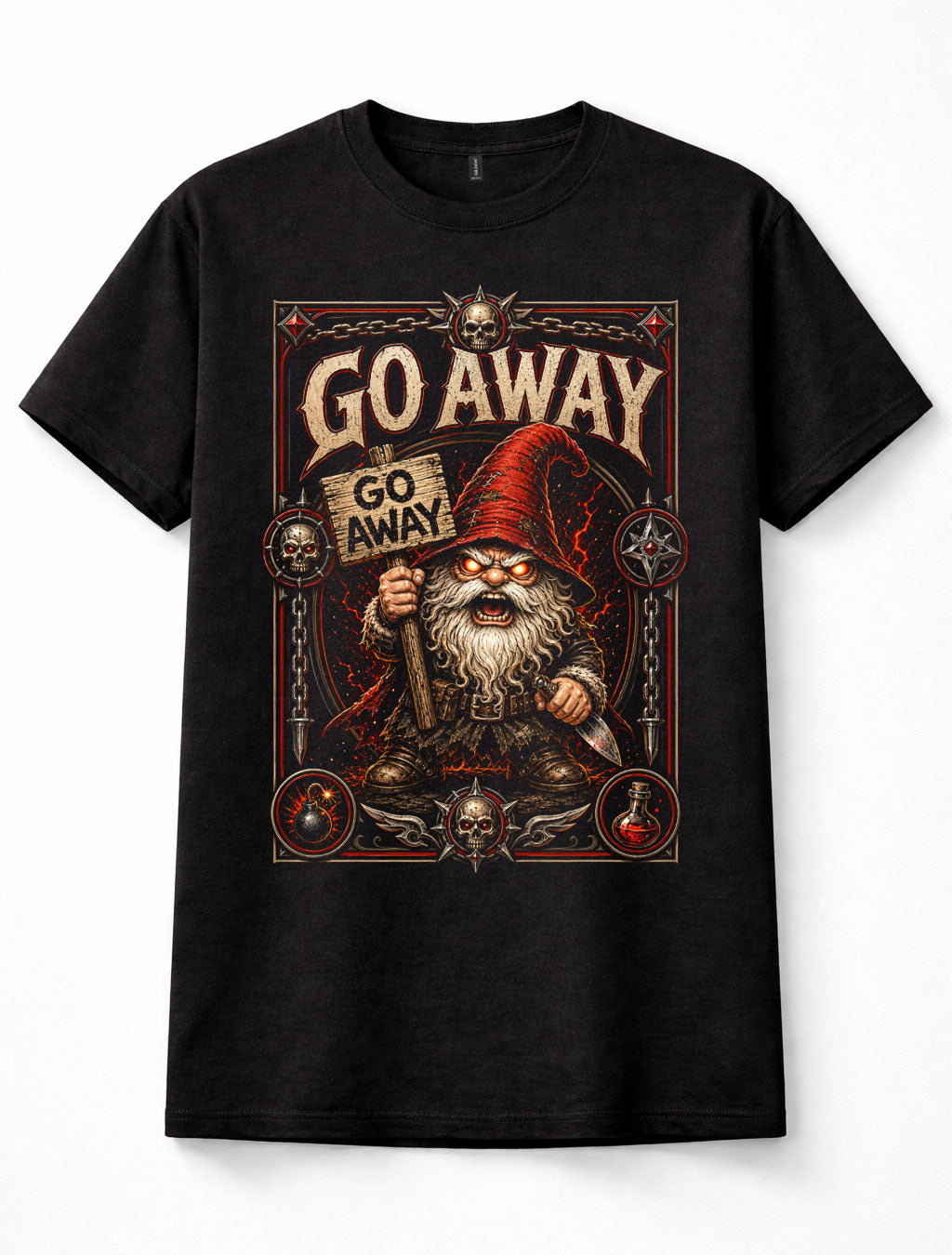 Go Away Angry Gnome Dwarf Fantasy Skull Knife Funny Grumpy Graphic Unisex T-Shirt