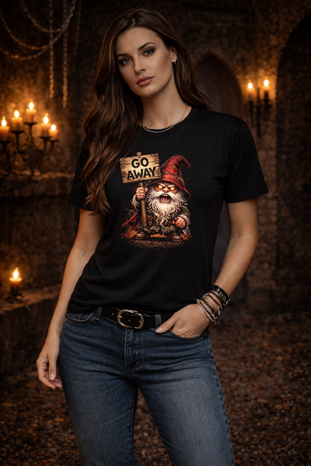 Grumpy Go Away Gnome Gardening Unisex Graphic T-Shirt Angry Dark Art Tee