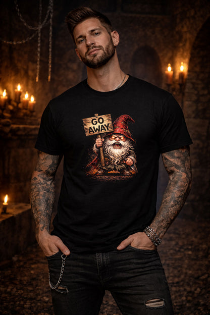 Grumpy Go Away Gnome Gardening Unisex Graphic T-Shirt Angry Dark Art Tee