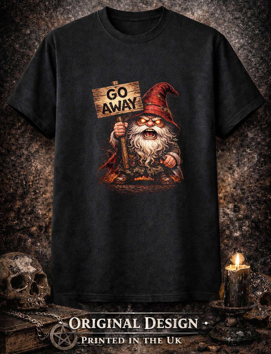 Grumpy Go Away Gnome Gardening Unisex Graphic T-Shirt Angry Dark Art Tee