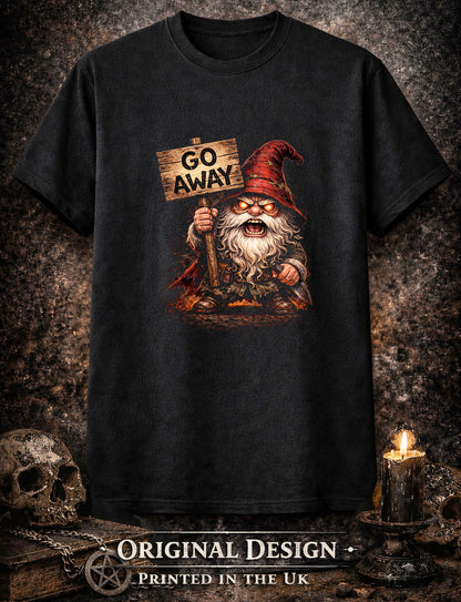 Grumpy Go Away Gnome Gardening Unisex Graphic T-Shirt Angry Dark Art Tee