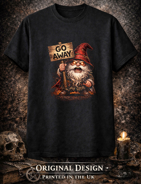 Grumpy Go Away Gnome Gardening Unisex Graphic T-Shirt Angry Dark Art Tee