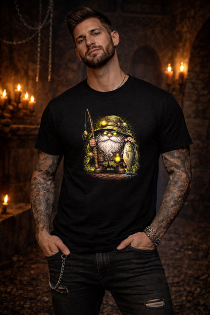 Gone Finishing Gnome Gardening Unisex Graphic T-Shirt Fish Dark Art Tee