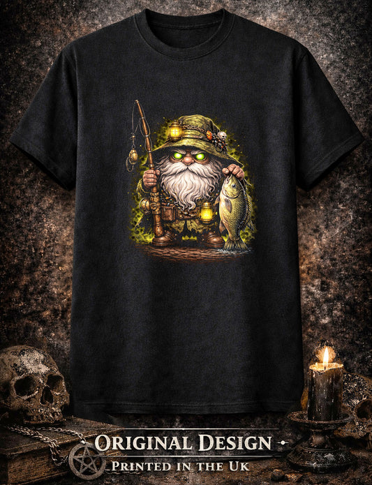 Gone Finishing Gnome Gardening Unisex Graphic T-Shirt Fish Dark Art Tee