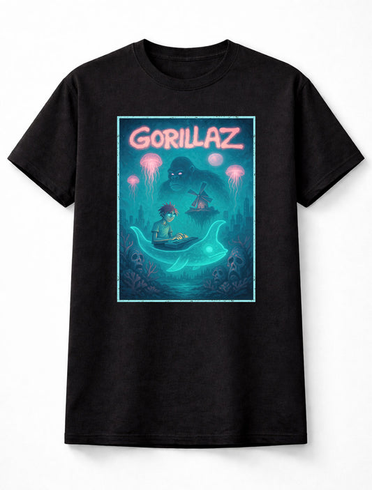 Gorillaz T-Shirt Neon Surreal Band Art Unisex Black Graphic Tee