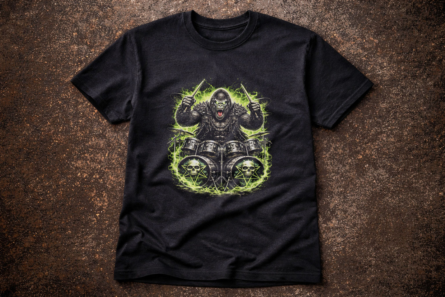 Gorilla Heavy Metal Rocker Unisex Graphic T-Shirt Gothic Ape Drums Music Art Tee