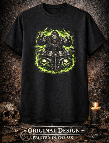 Gorilla Heavy Metal Rocker Unisex Graphic T-Shirt Gothic Ape Drums Music Art Tee