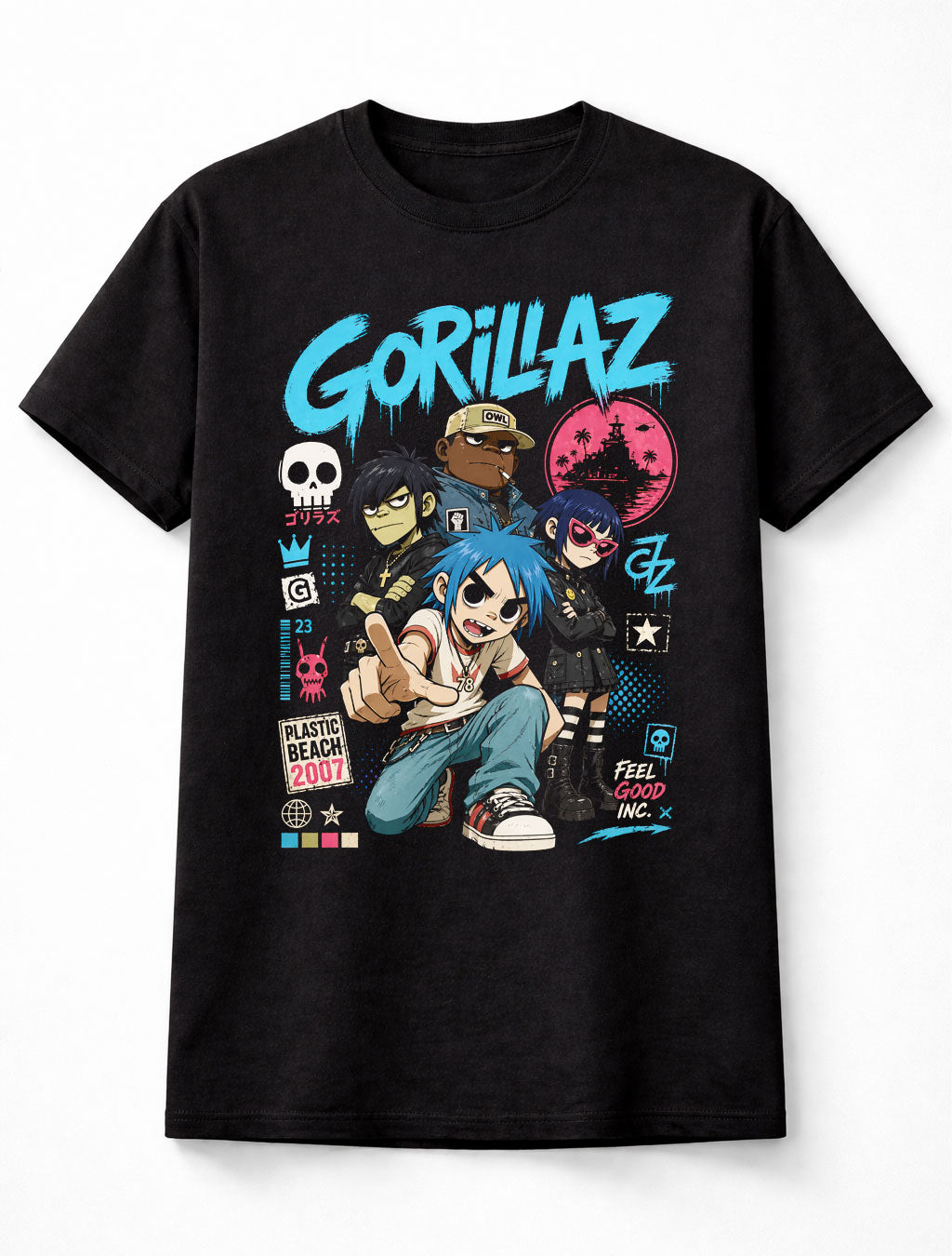 Gorillaz Feel Good Inc Plastic Beach Animated Band Graphic T-Shirt 2D Murdoc Noodle Russel Music Fan Alt Rock Tee Adult & Kids Unisex T-Shirt