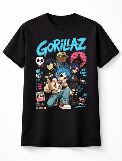 Gorillaz Feel Good Inc Plastic Beach Animated Band Graphic T-Shirt 2D Murdoc Noodle Russel Music Fan Alt Rock Tee Adult & Kids Unisex T-Shirt